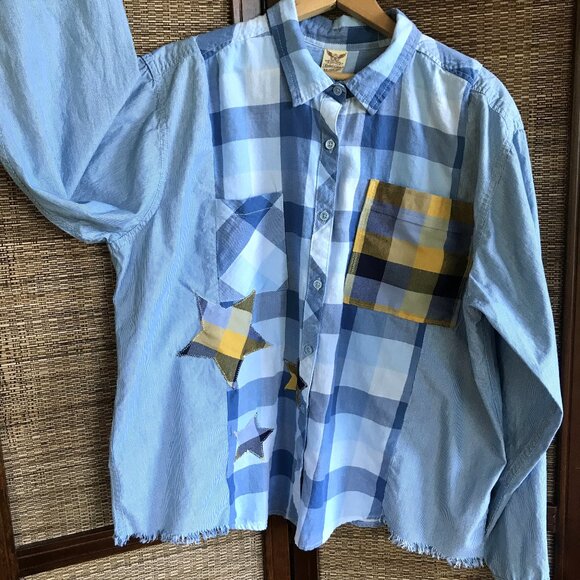 Mixed Plaid Button-Down Shirt, M-XL: Upcycled Oversized Boho Top, Stars & Fringe - Picture 1 of 10
